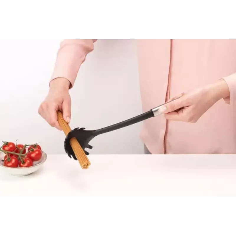 Brabantia Essential Cuchara para espaguetis, cabeza de nailon, mango de acero mate, antiadherente