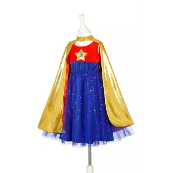 Souza! Disfraz de superheroína vestido con capa, rosa/dorado/azul, 5-7 años (116-128 cm)
