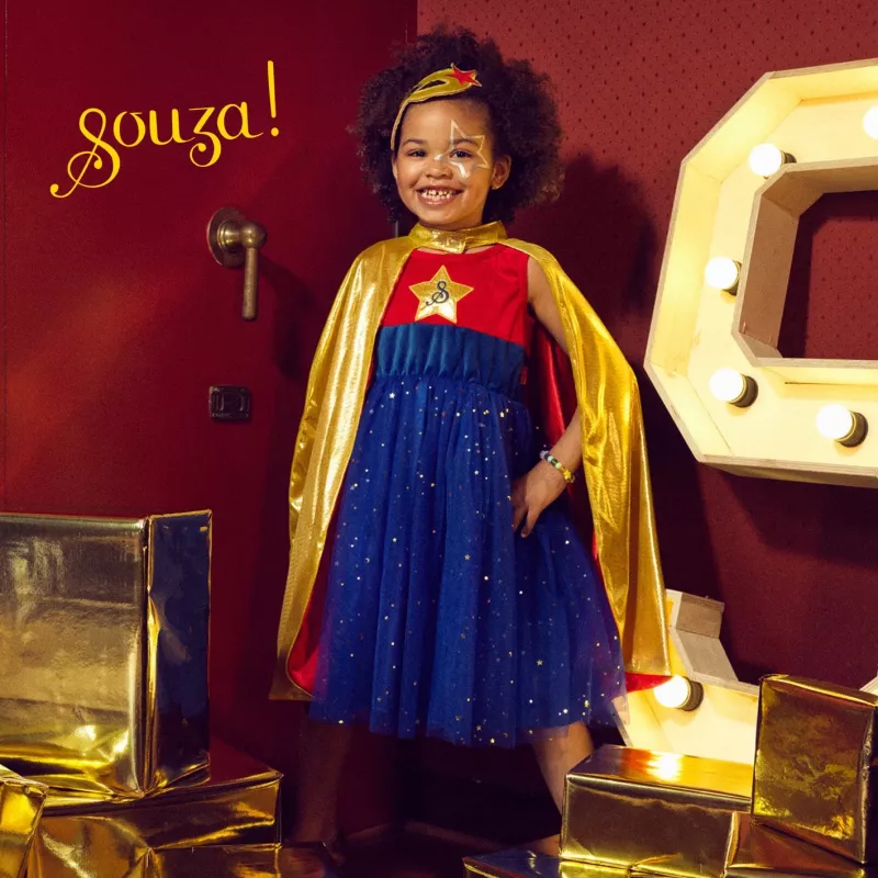 Souza! Disfraz de superheroína vestido con capa, rosa/dorado/azul, 5-7 años (116-128 cm)