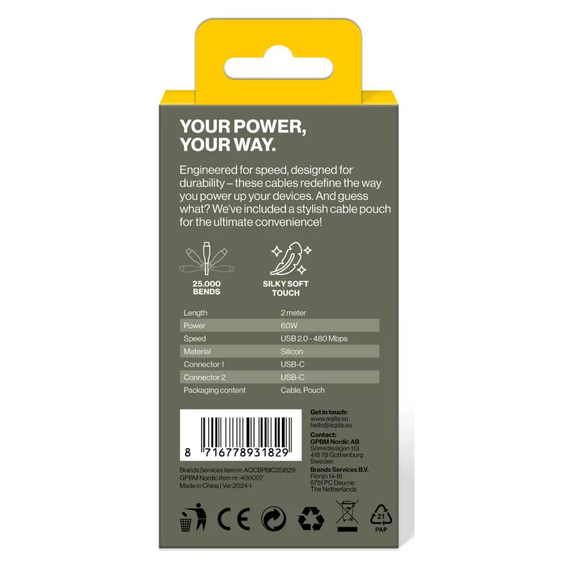 AQIILA Cablebird CS12 cable de carga y sincronización USB-C a USB-C 2m 60W negro AQCBPBIC2SI829