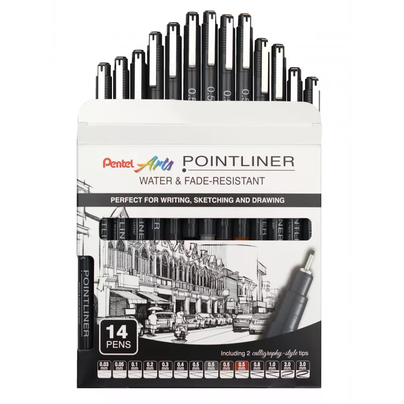 Pentel Arts Pointliner set de rotuladores finos permanentes, 14 grosores de línea diferentes 0,03 mm–3,0 mm, tinta negra (YS20P-14)