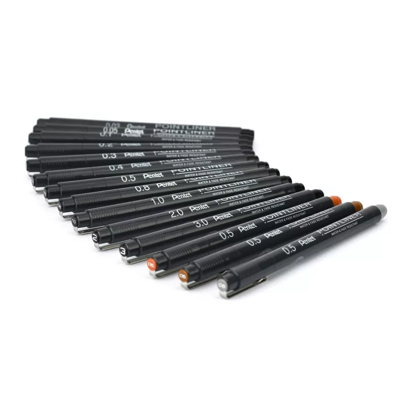 Pentel Arts Pointliner set de rotuladores finos permanentes, 14 grosores de línea diferentes 0,03 mm–3,0 mm, tinta negra (YS20P-14)