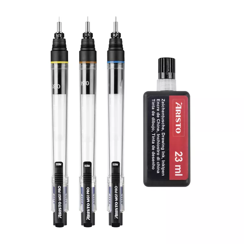 ARISTO mg1 pro Basic estuche de rotuladores técnicos, 3 rotuladores 0,35 / 0,50 / 0,70 mm, 4 piezas (AR64300)