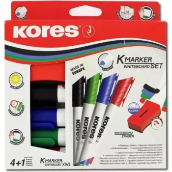 Kores Set de rotuladores para pizarra blanca, 4 rotuladores + borrador, punta redonda, 3,0 mm, secado rápido, colores surtidos M20863
