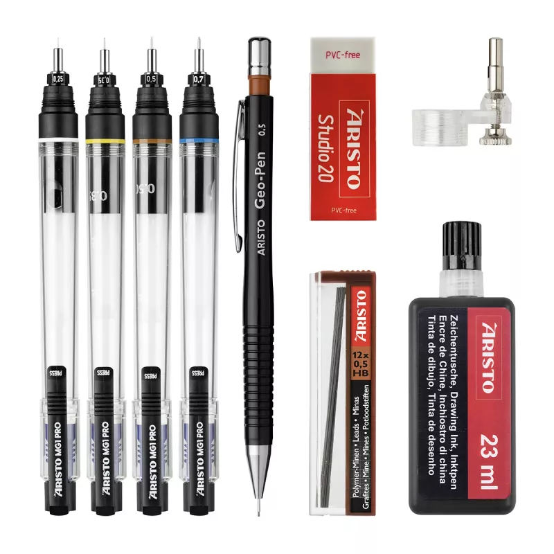 ARISTO mg1 pro Studio set de estilógrafos técnicos, 4 estilógrafos (0,25/0,35/0,50/0,70 mm), tinta negra, con adaptador de compás y líquido de limpieza AR64152