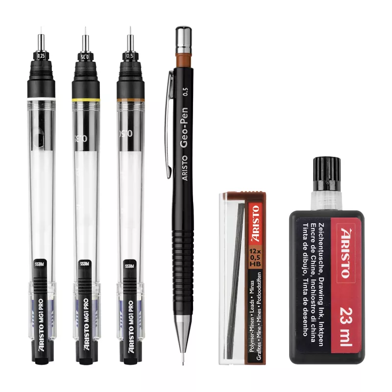 ARISTO mg1 pro College set de estilógrafos, 3 estilógrafos 0,25 / 0,35 / 0,50 mm, 6 piezas (AR64308)