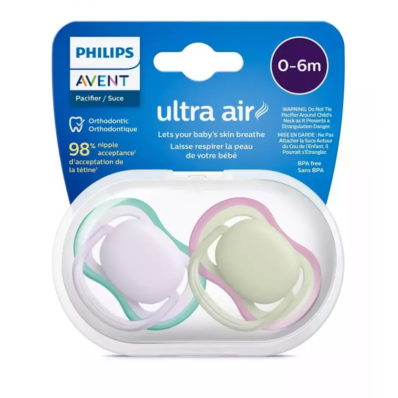 Philips Avent chupete Ultra Air 0-6 meses, pack de 2, niña rosa/lila, SCF085/24