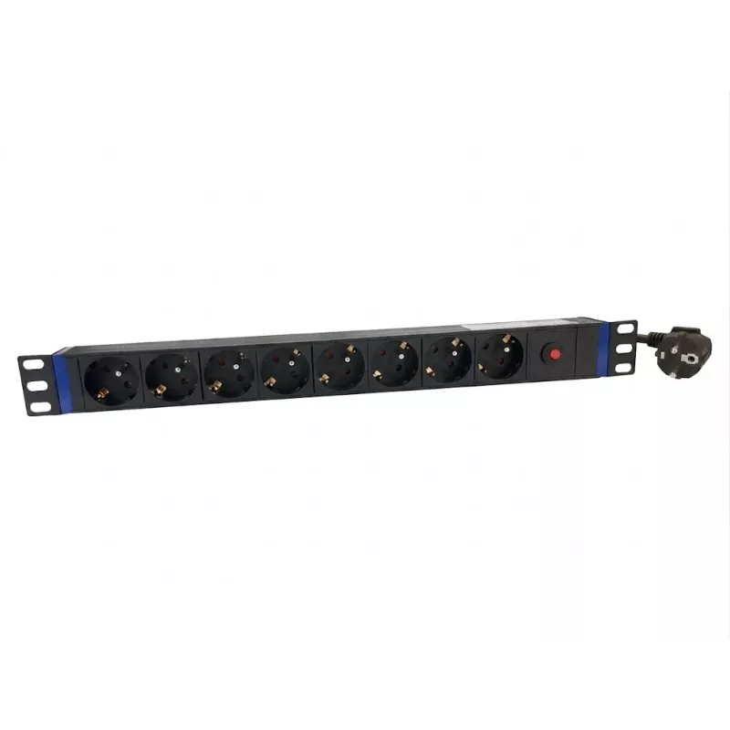DSIT PDU de 8 tomas 19 pulgadas con interruptor principal y protección contra sobrecargas (DS-8PDU-MO-PE)