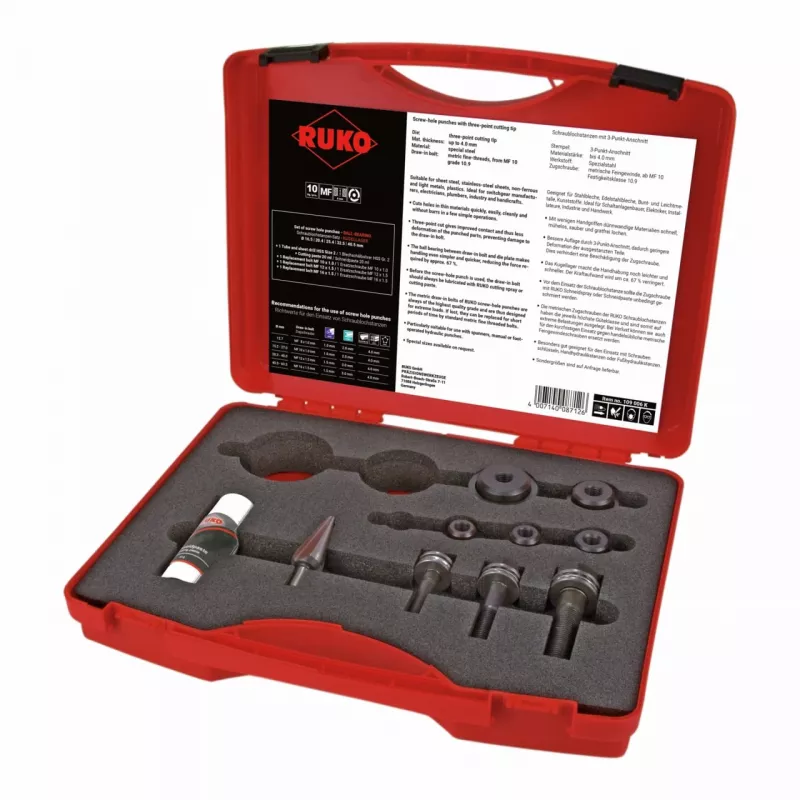 RUKO 109006K juego de sacabocados para tornillos, 10 piezas, en maletín de plástico