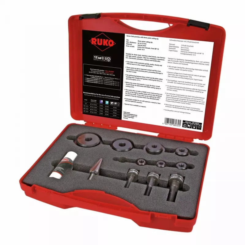 RUKO 109008K Juego de punzones para agujeros de tornillo con rodamiento de bolas, 12 piezas, en maletín de plástico