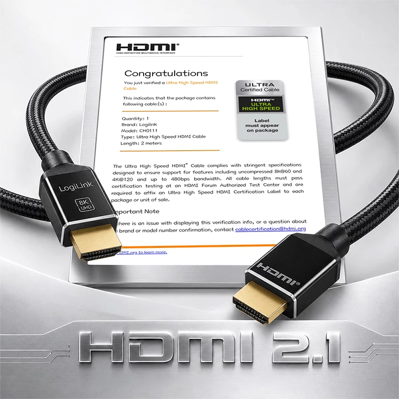 LogiLink cable HDMI A/M a A/M 8K/60Hz 48Gbps metal nailon certificado negro 2m