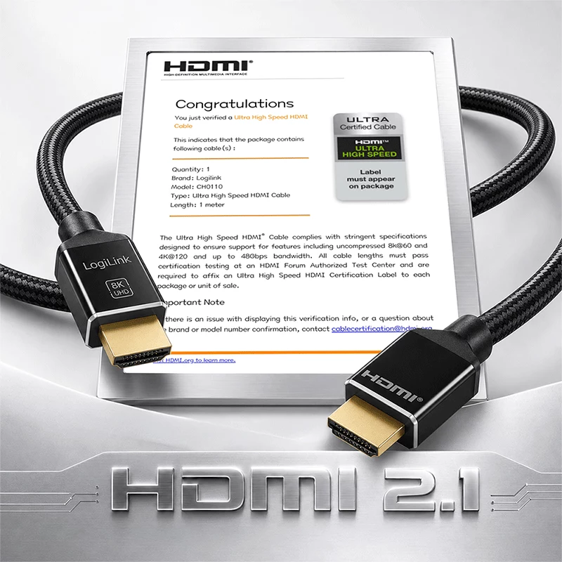 LogiLink Cable HDMI 8K/60 Hz 48 Gbps metal nailon certificado negro 1 m