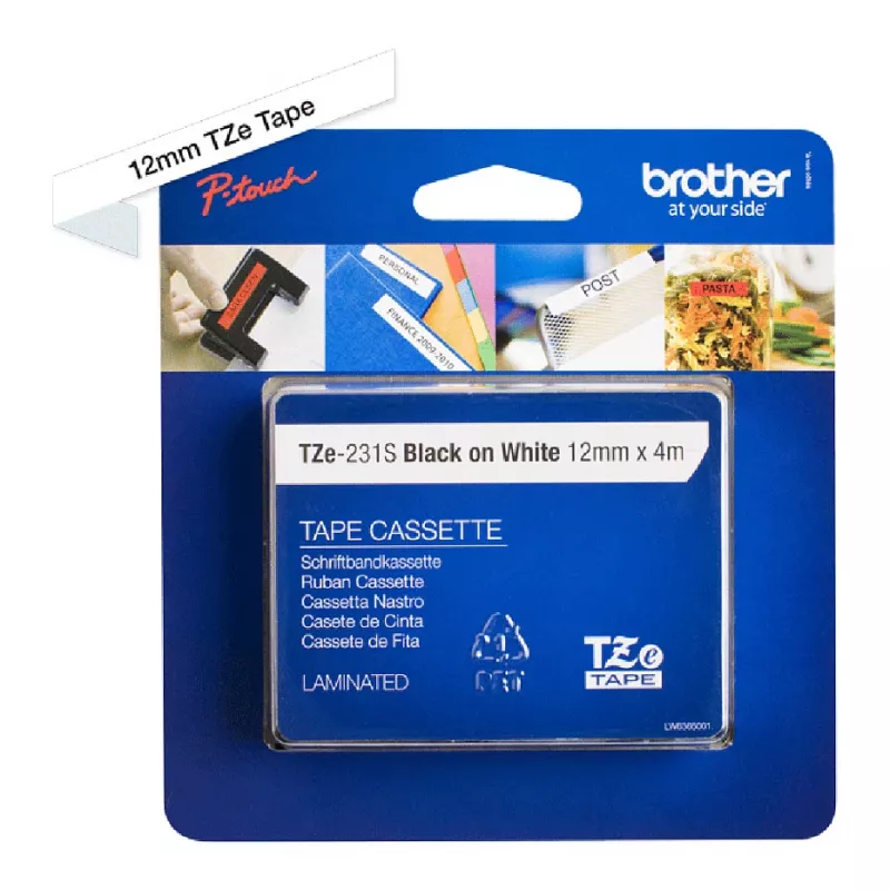 Brother TZe-231S Cinta de etiquetar laminada 12mm negro sobre blanco (4m)