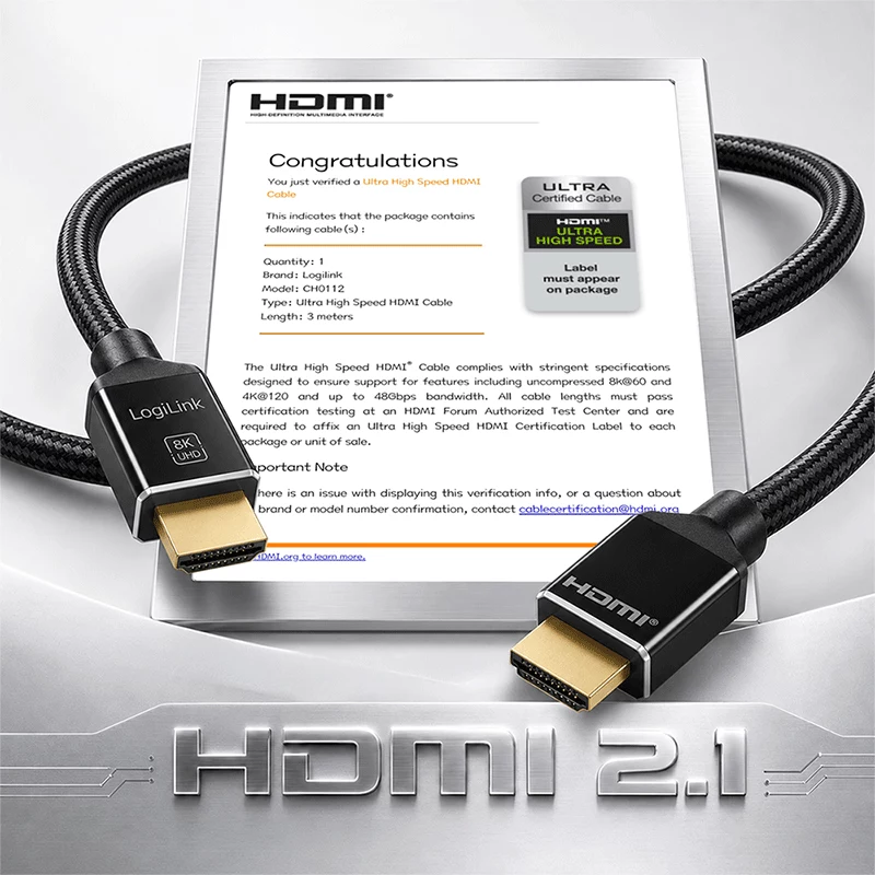 LogiLink cable HDMI, A/M a A/M, 8K/60 Hz, 48 Gbps, metal, nailon, certificado, negro, 3 m