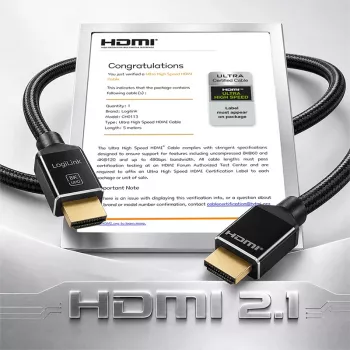 LogiLink cable HDMI A/M a A/M 8K/60 Hz 48 Gbps metal nailon certificado negro 5 m