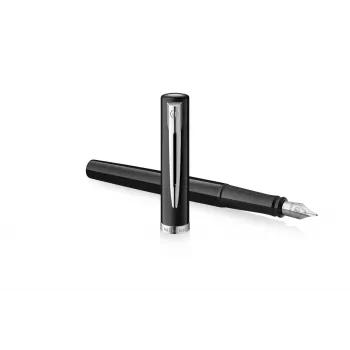 Waterman Impression estilográfica, laca negra, anillo decorativo cromado, plumín medio, tinta azul, caja regalo 2225497