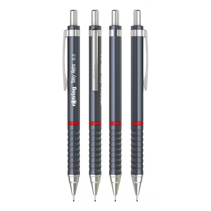 rotring Tikky Retro portaminas 0,5 mm gris punta fija cromada goma perfil ondulado 2202567