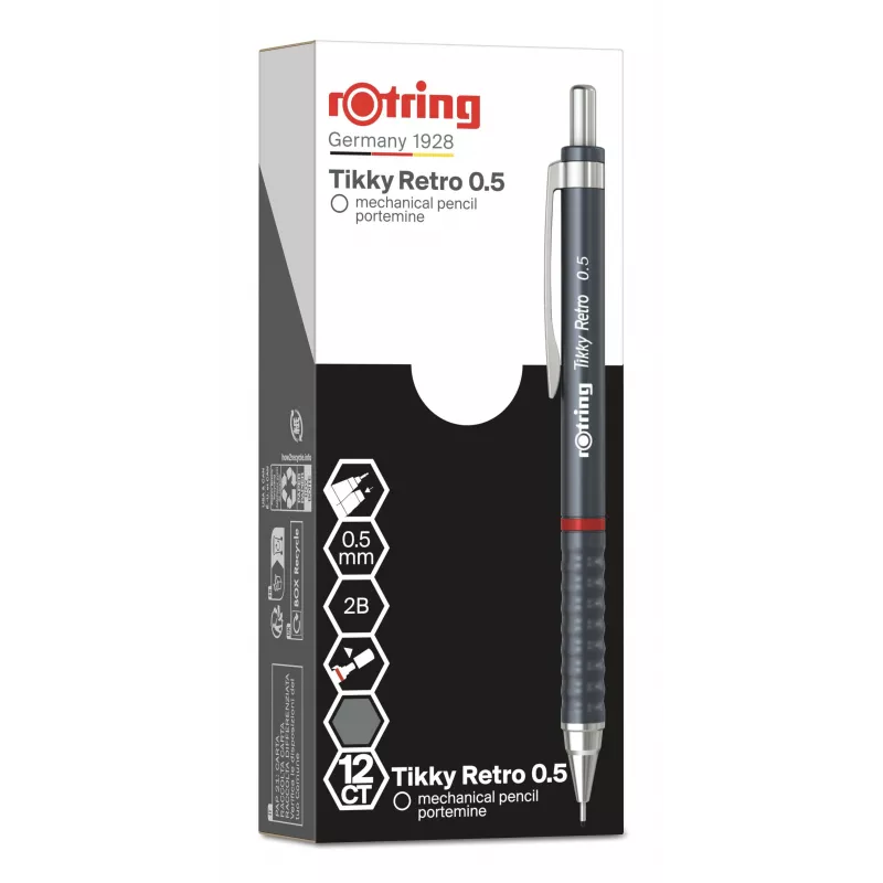 rotring Tikky Retro portaminas 0,5 mm gris punta fija cromada goma perfil ondulado 2202567