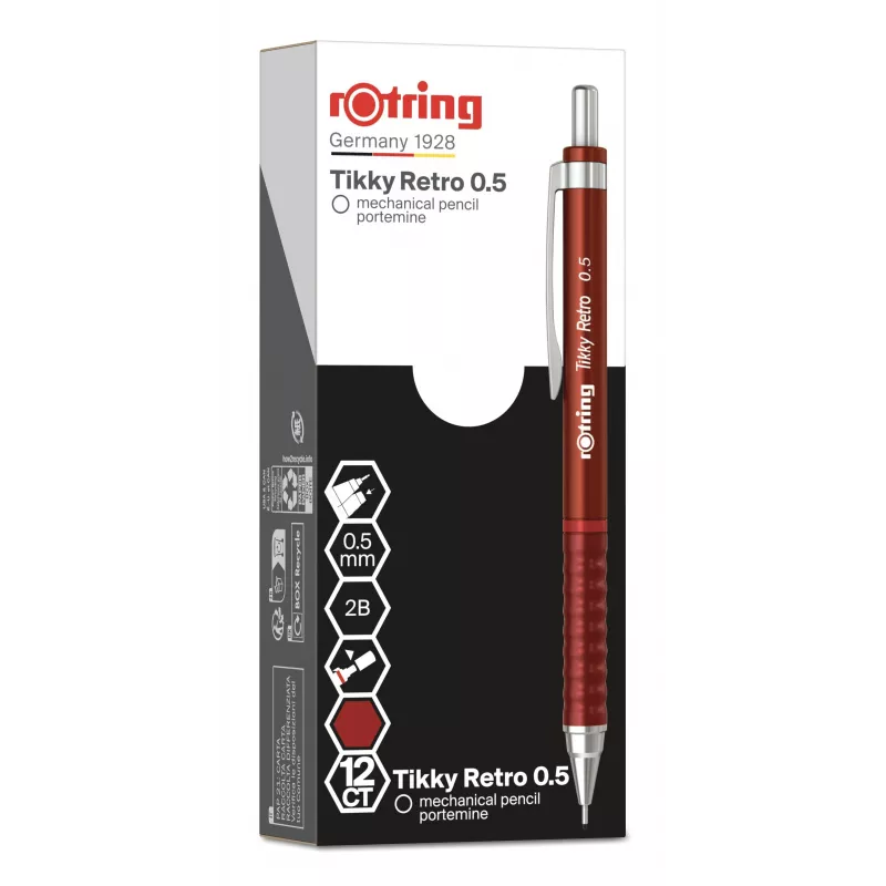 Rotring Tikky Retro portaminas 0,5 mm rojo punta cromada zona de agarre de goma 2202568