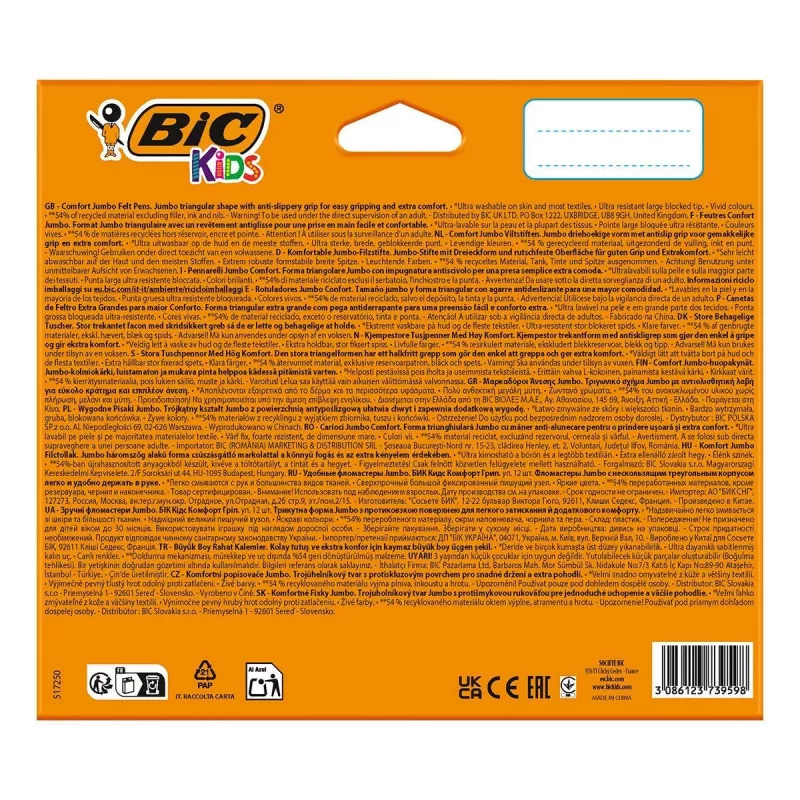 BIC KIDS Comfort Jumbo rotuladores, colores surtidos, pack de 12, punta 1,4 mm, lavables 517250