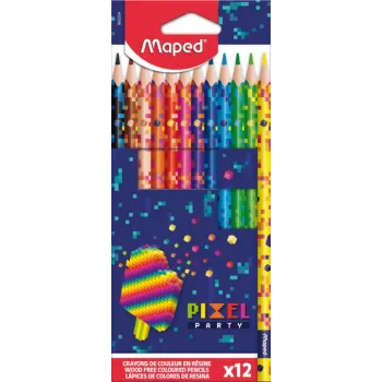 Maped PIXEL PARTY Lápices de colores triangulares, 12 colores surtidos, mina blanda irrompible, cuerpo con estampado pixel, estuche de cartón 862204