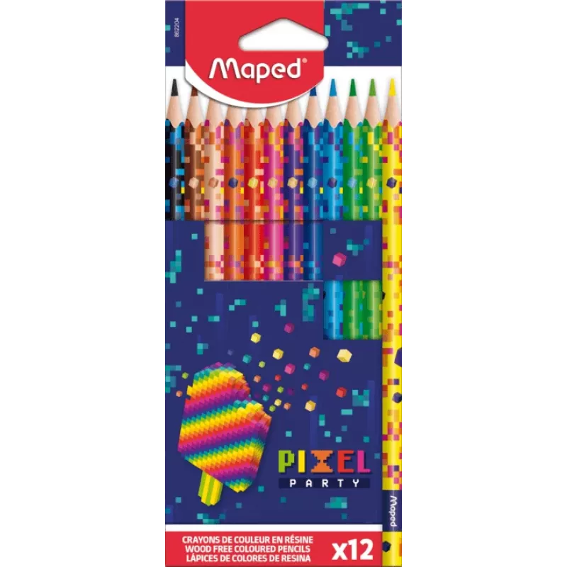 Maped PIXEL PARTY Lápices de colores triangulares, 12 colores surtidos, mina blanda irrompible, cuerpo con estampado pixel, estuche de cartón 862204