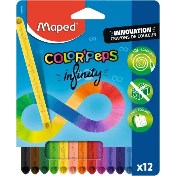 Maped COLOR'PEPS INFINITY Set de lápices de colores triangulares, 12 colores surtidos, duran 10 veces más, mina 100% pigmento, funda reutilizable 861602