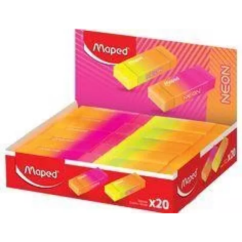 Maped NEON expositor de gomas de borrar de plástico, 20 unidades, naranja neón y rosa neón, bajo nivel de polvo, sin ftalatos, sin PVC 121901