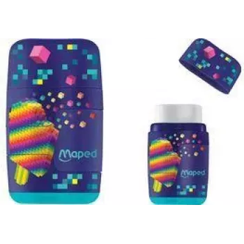 Maped Pixel Party goma de borrar y sacapuntas combinados, doble orificio, depósito de virutas transparente, colores surtidos 049223