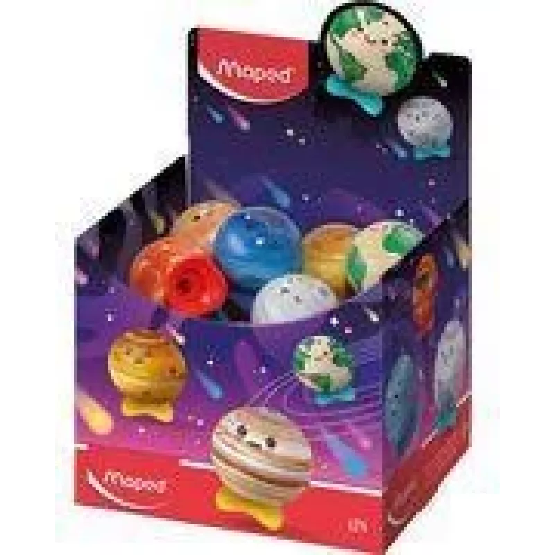 Maped Planet sacapuntas metálico con depósito, diseños surtidos, caja expositora con 24 uds. 051102EU