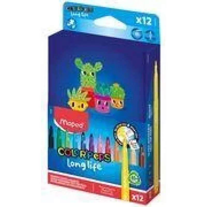 Maped COLOR'PEPS Long Life 2 rotuladores, 12 colores surtidos, punta redonda media 1,5 mm, capuchón de seguridad ventilado, tinta lavable, estuche de cartón 844006