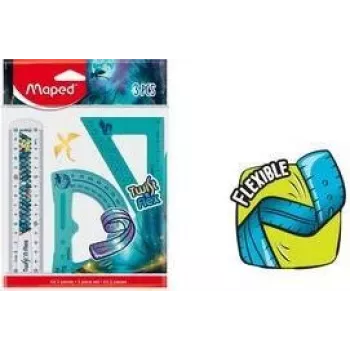 Maped Twist'n Flex Dragon set de geometría, 3 piezas, plástico flexible, irrompible, regla 15 cm, transportador 180°, escuadra 45°/45°/90° 981898
