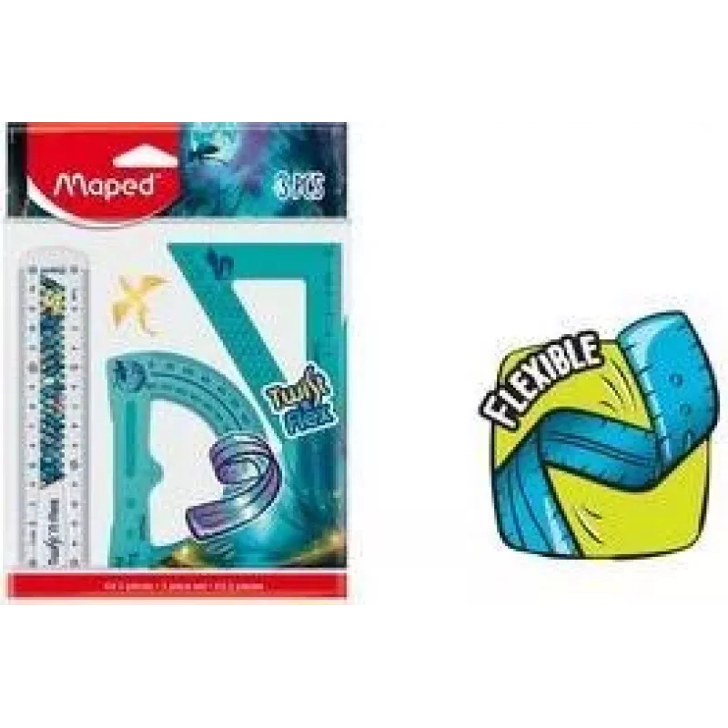 Maped Twist'n Flex Dragon set de geometría, 3 piezas, plástico flexible, irrompible, regla 15 cm, transportador 180°, escuadra 45°/45°/90° 981898