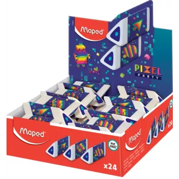Maped Pyramide PIXEL PARTY goma de borrar de plástico, blanca, sin ftalatos ni PVC, sección triangular, caja expositora de 24 119523