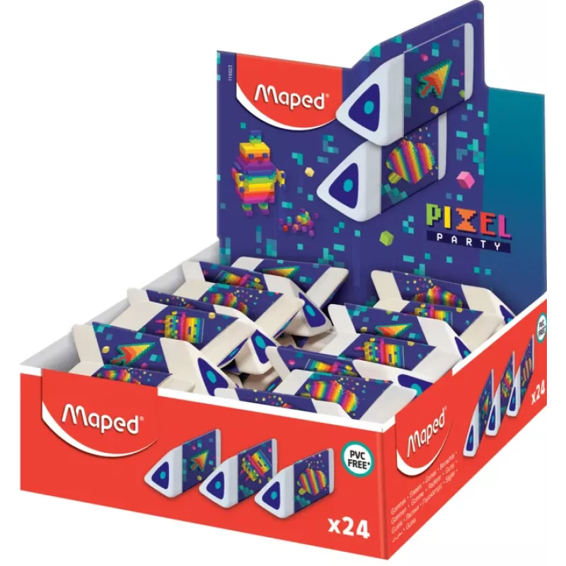 Maped Pyramide PIXEL PARTY goma de borrar de plástico, blanca, sin ftalatos ni PVC, sección triangular, caja expositora de 24 119523