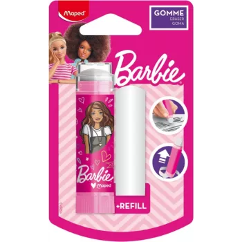Goma de borrar de plástico Maped Barbie con recambio, formato pintalabios, sistema giratorio retráctil, 1 set 152013