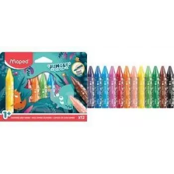 Ceras triangulares jumbo Maped Jungle Fever, 12 colores distintos, motivos de animales, estuche de cartón, a partir de 1 año