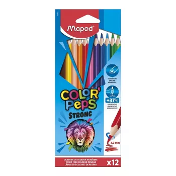 Lápices de colores triangulares Maped COLOR'PEPS STRONG, 12 colores distintos, mina irrompible de 3,2 mm, estuche de cartón 862712