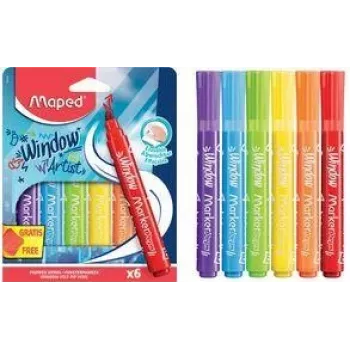 Rotuladores para ventanas Maped MARKER'PEPS, 6 colores distintos, punta redonda de 2 mm, estuche de cartón 844822
