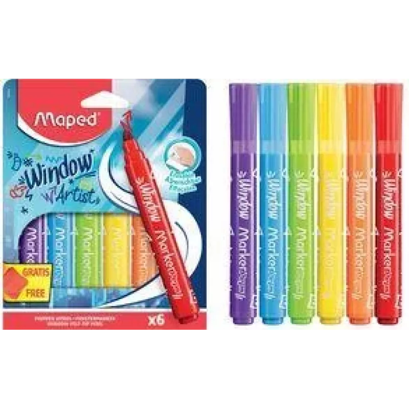 Rotuladores para ventanas Maped MARKER'PEPS, 6 colores distintos, punta redonda de 2 mm, estuche de cartón 844822