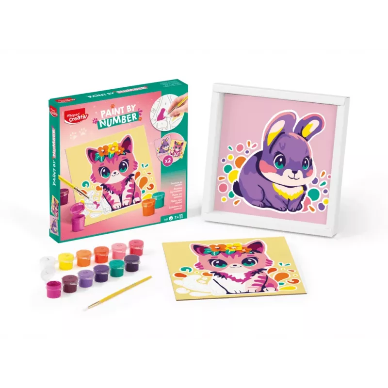 Set de pintar por números Maped Creativ gato y conejo - 2 láminas preimpresas, pinturas acrílicas, pincel, a partir de 7 años 907083
