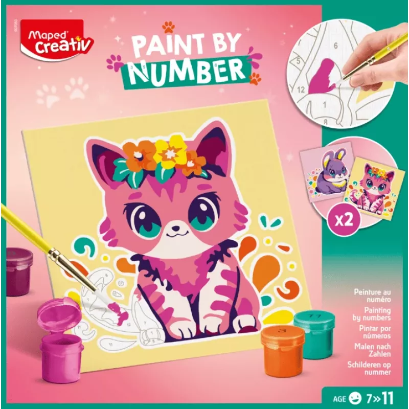 Set de pintar por números Maped Creativ gato y conejo - 2 láminas preimpresas, pinturas acrílicas, pincel, a partir de 7 años 907083