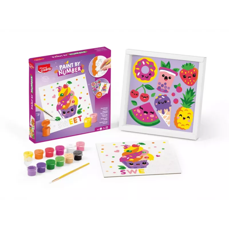 Set de pintar por números Maped Creativ Kawaii Food Sweet - 2 lienzos preimpresos, 10 pinturas acrílicas, pincel, a partir de 7 años 907088