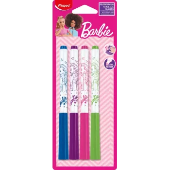 Rotuladores para pizarra blanca Maped Barbie, pack de 4, punta redonda 1,5 mm, sin olor, borrado en seco, varios colores 741301