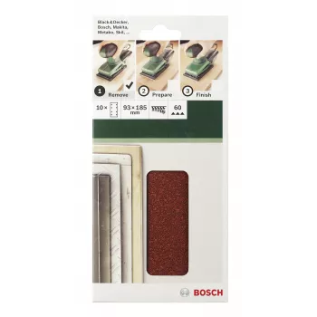 Pack de 10 hojas de lija con velcro Bosch 2609256A90, 185 mm x 93 mm, grano 120, perforadas