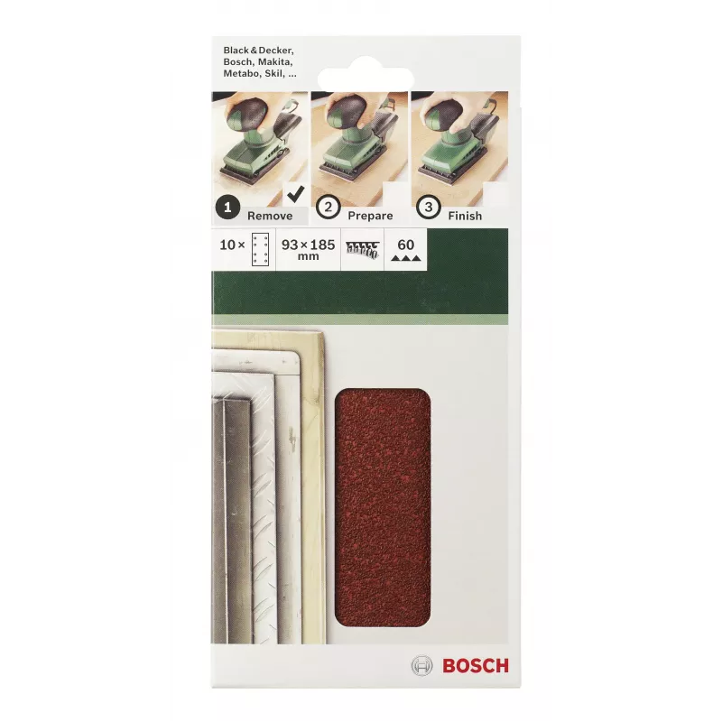 Pack de 10 hojas de lija con velcro Bosch 2609256A90, 185 mm x 93 mm, grano 120, perforadas
