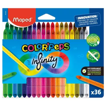 Maped COLOR'PEPS INFINITY lápices de colores triangulares, 36 colores distintos, sin madera, núcleo 100% pigmento, 10 veces más duraderos, estuche ergonómico 861623