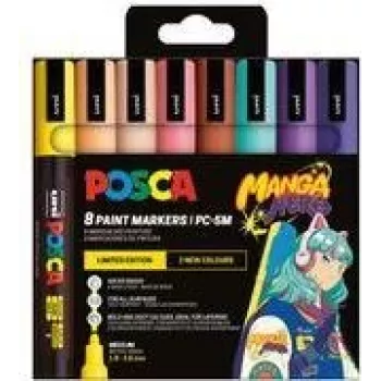 POSCA PC-5M set de rotuladores pigmentados, 8 colores, Manga Hero, punta redonda media, resistente al agua, a la luz, inodoro PC5M/8APF ASS74