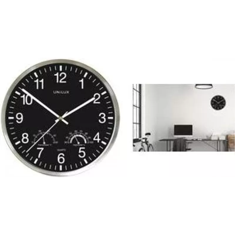 Reloj de pared UNILUX WETTY 300 mm negro con termómetro e higrómetro 400140807