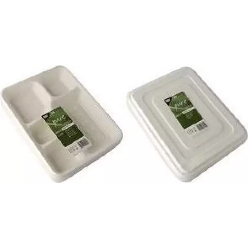 PAPSTAR Bandejas de menú de caña de azúcar pure, 5 compartimentos, 22 x 28,2 cm, blanca, 25 unidades (89882)